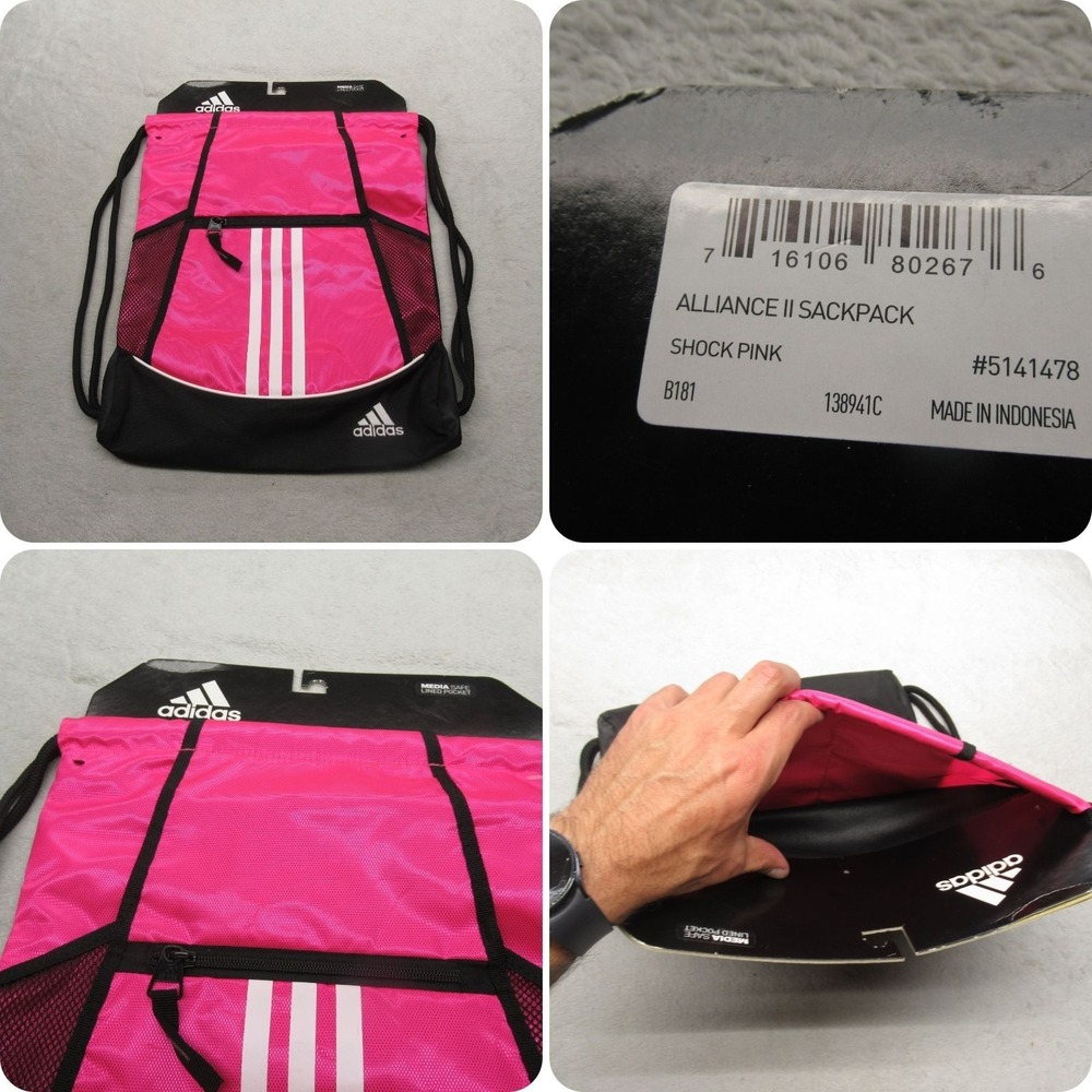 Adidas Alliance II‎ Backpack Womens Pink Drawstring Media Safe Lined Pockets NEW